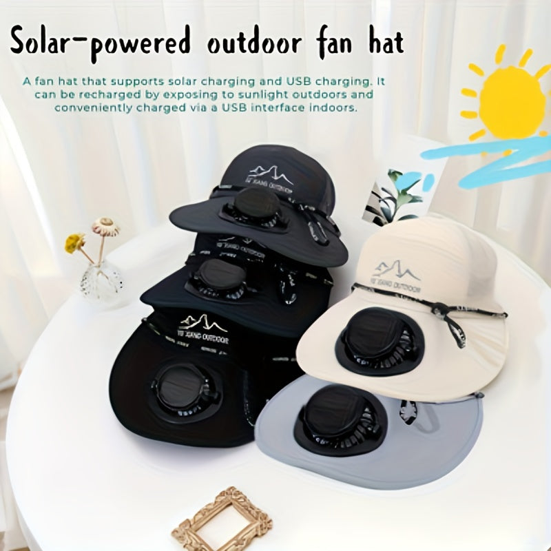 Wide Brim Solar Fan Sun Hat, Outdoor Leisure Hiking Hat, Adjustable Head Circumference Fits All Sizes. Built-in solar panel converts sunlight into electricity to drive the internal fan for continuous airflow