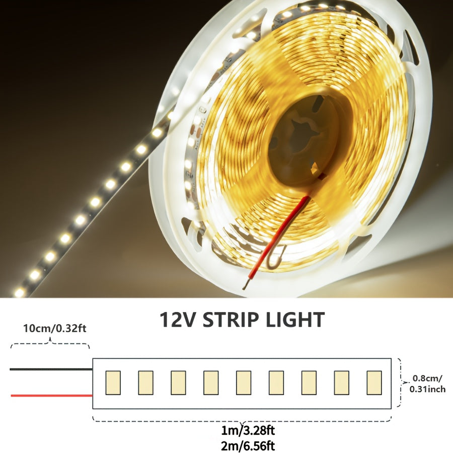 12V LED灯带，8毫米线性，高密度柔性灯带，每米120颗灯珠，适用于厨房、楼梯、房间装饰照明。白光/中性光/暖光，不防水（不含12V电源）