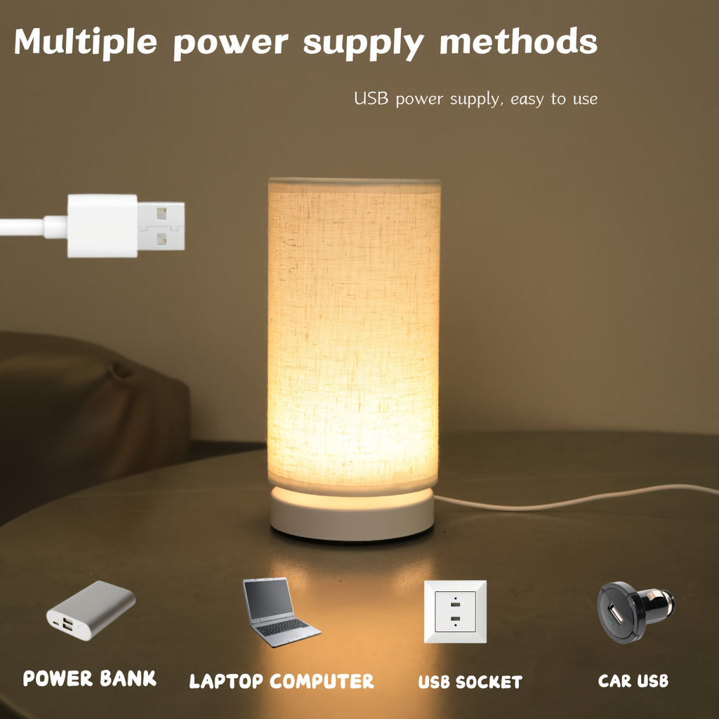 1 piece modern linen cylinder table lamp, with warm ambient lighting, USB powered and switch control - perfect for bedroom, office, nightstand, bookshelf decoration - cozy holiday gift, battery not included, bedroom light