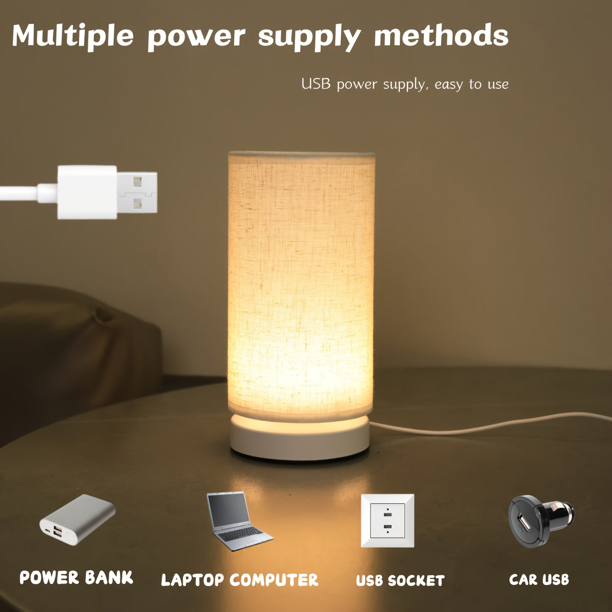 1 piece modern linen cylinder table lamp, with warm ambient lighting, USB powered and switch control - perfect for bedroom, office, nightstand, bookshelf decoration - cozy holiday gift, battery not included, bedroom light