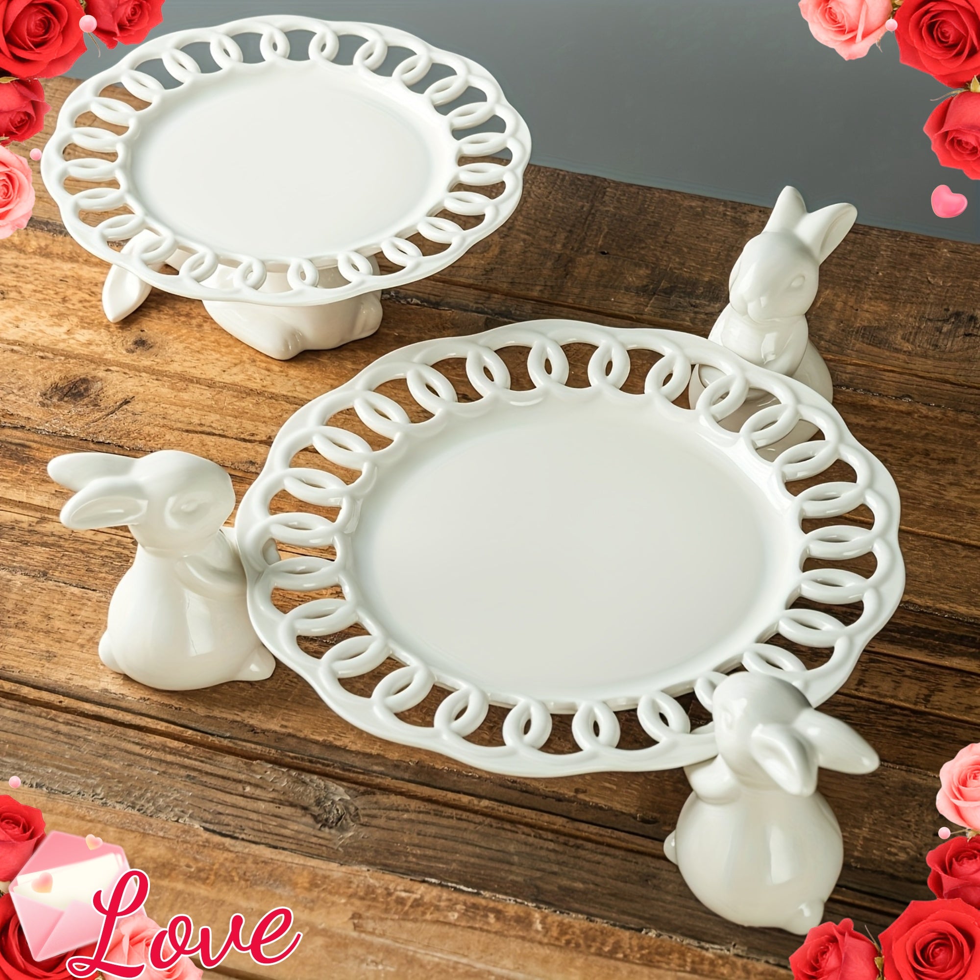 Ceramic Rabbit Cake Tray Dessert Stand Deep Fruit Plate, Ideal for All Kinds of Party Snack Trays, European Creative Decorative Storage Display Pierced Tray/ Fr: Plat à gâteau en céramique lapin, Support à desserts, Plat profond à fruits