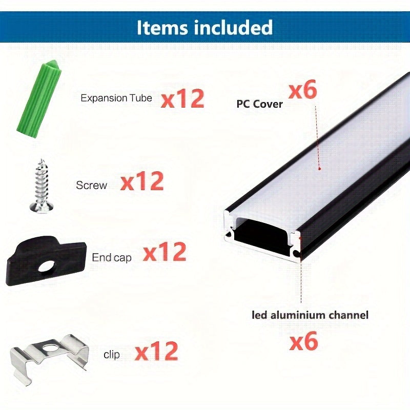 6 件 U 型 LED 灯条，1.65 英尺/50 公分黑色通道，带 UV 扩散器，表面安装，无需电力，多功能照明，营造优雅氛围