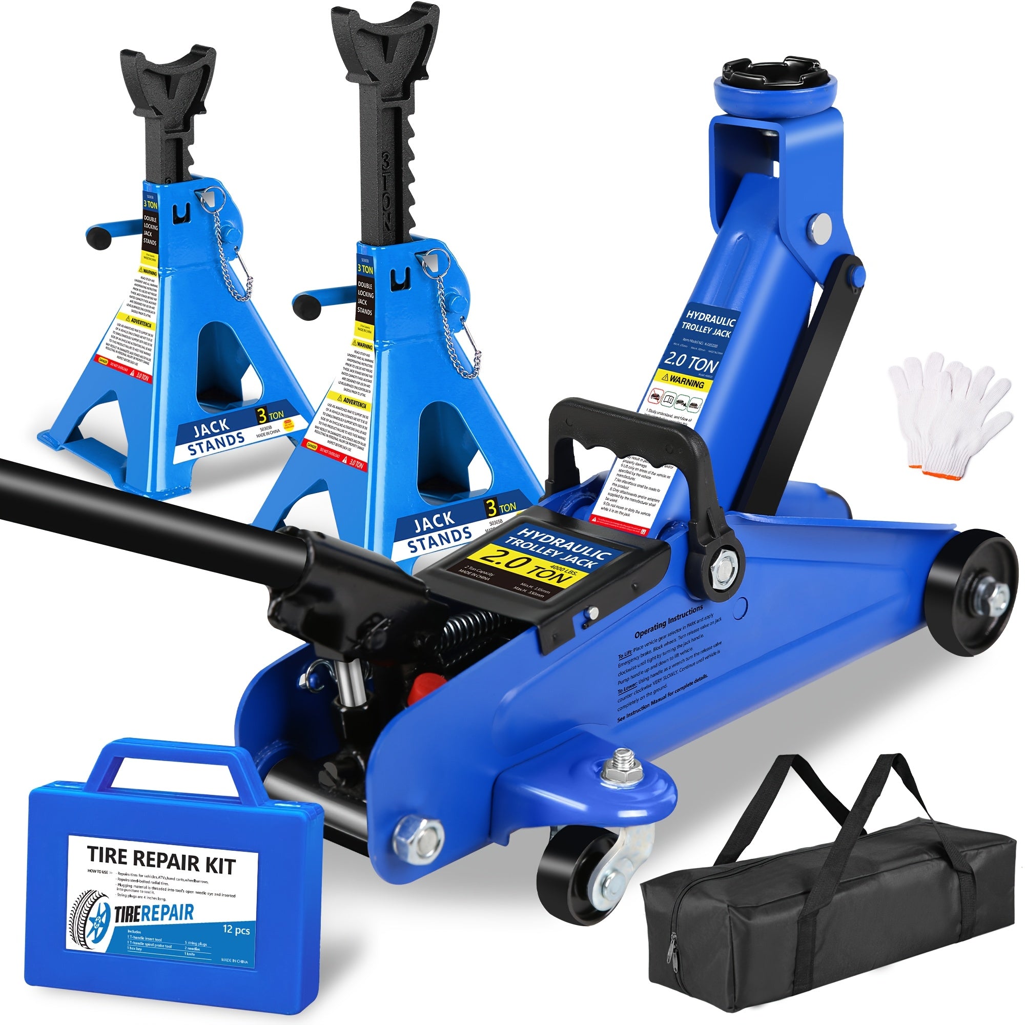 2/2.5/3 Ton Capacity Low-Profile Garage Hydraulic Jack Combo Kit, Optional: 2 Ratchet-Type 3-Ton Jack Stands, Tire Repair Tool Kit, 14-Inch Lug Wrench, Wheel Chocks for SUV/Sedan/Truck