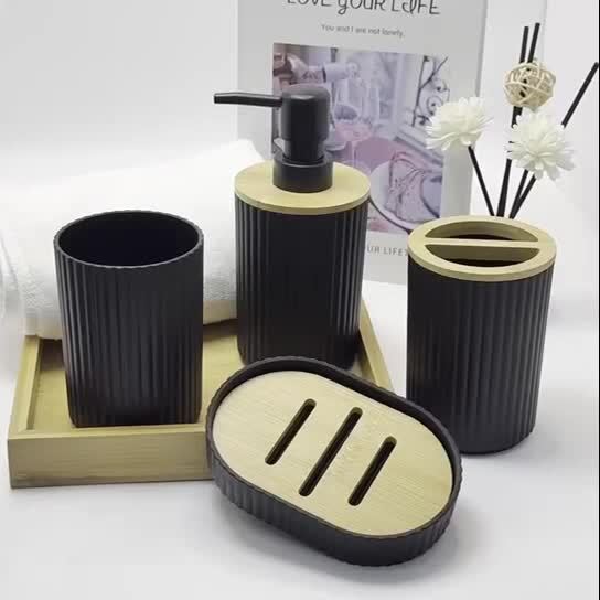4-Piece Bathroom Accessory Set - Countertop Hand Soap Bottle, Toothbrush Holder, Soap Dish, Bathroom Storage Organizer & Stand