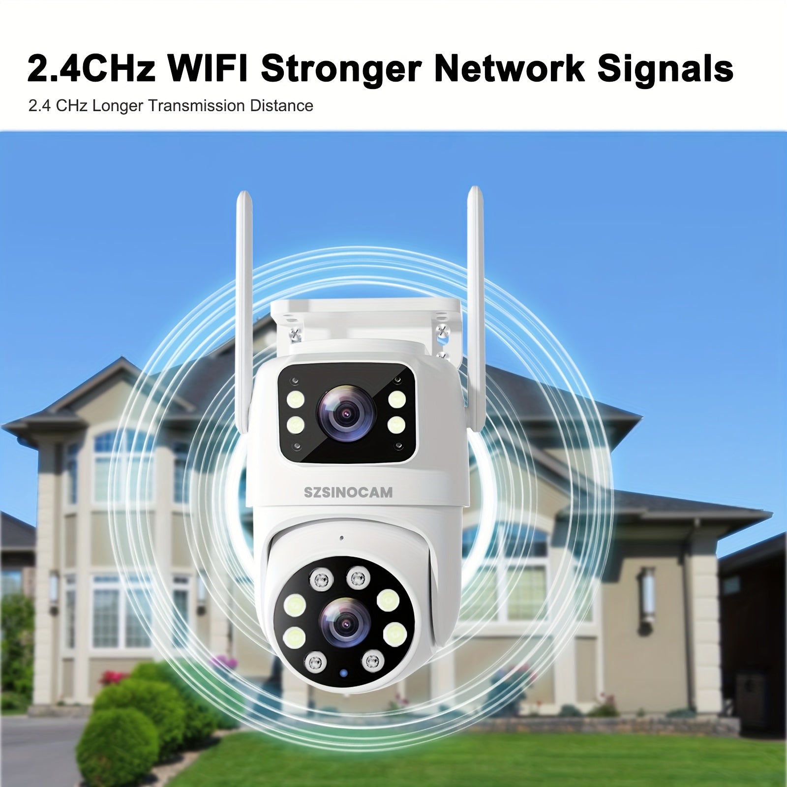SZSINOCAM 双镜头无线安全摄像头，带云台、夜视、移动侦测、双向通话和Wifi连接 - 720P摄像头，USB充电，用于户外监控