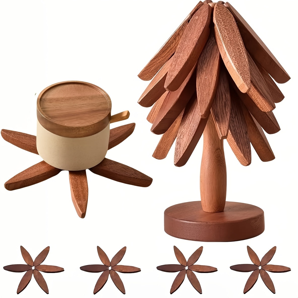 Natural Foldable Black Walnut Wood Trivet Set – 4 Trivets + 1 Base for Hot Dishes, Pots, Bowls, Teapots – Heat-Resistant (Black Walnut)