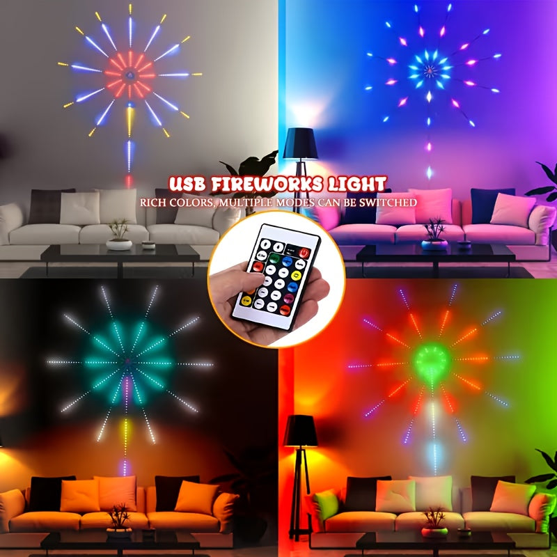 RGB 智能烟花灯带，遥控器控制，多种灯光模式，音乐同步RGB ，梦幻色彩LED灯条USB接口供电 – 适用于室内派对、圣诞装饰、智能家居装饰氛围，节日送礼的完美选择