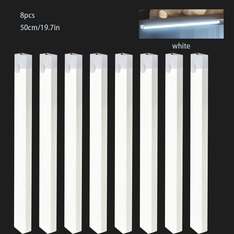 8-pack smart motion sensor LED light, household lighting LED tube, USB rechargeable + magnetic design, commonly used for cabinets, wardrobes, bookshelves, vanity tables, wireless, DIY night light. Bookshelf lighting