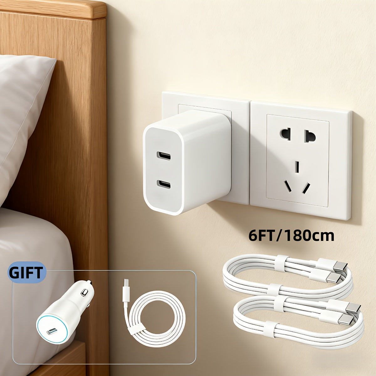 Fast Charger for Iphone 17/16/15 Pro Max, Featuring a 20+20W Dual USB-C Quick Wall Charger, Two 6Ft/180Cm Long Type-C Cables, And a Foldable Double Port USB C Fast Charging Option for Iphone 15/16/17/Ipad, Plus a Complimentary Car Charger