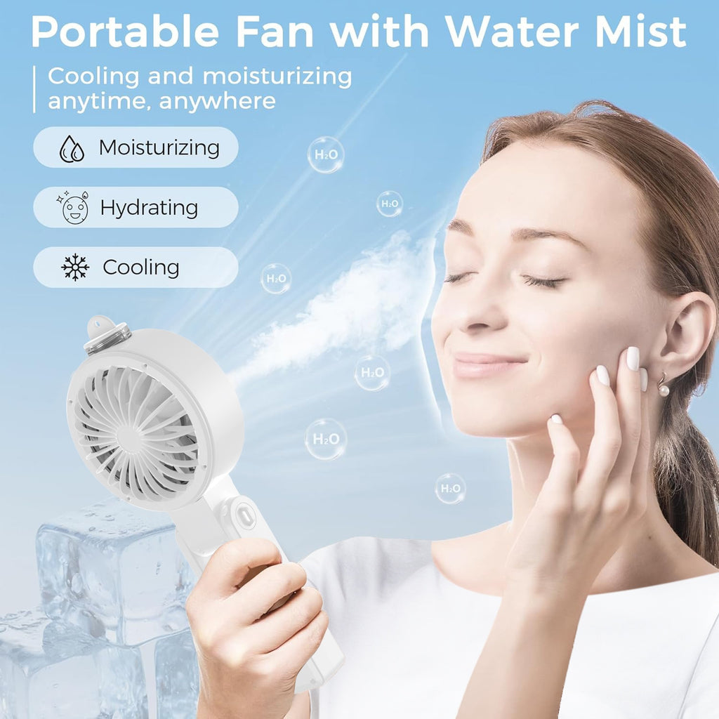 Rechargeable Portable Fan, Handheld Foldable USB Mist Fan with Removable Water Tank & Color Night Light, 3600mAh Battery, 1-100 Speed Adjustable, Strong Wind, 3-in-1 Handheld/Desktop/Hanging Use