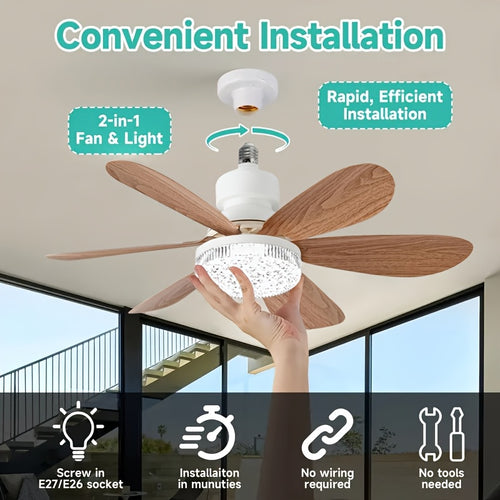 1pc Modern Remote Ceiling Fan Light, 3000K-6500K Dimmable Color Changing, Quiet E26/E27 Easy Install, Small Base Bulb Replacement, for Bedroom Kitchen Living Room