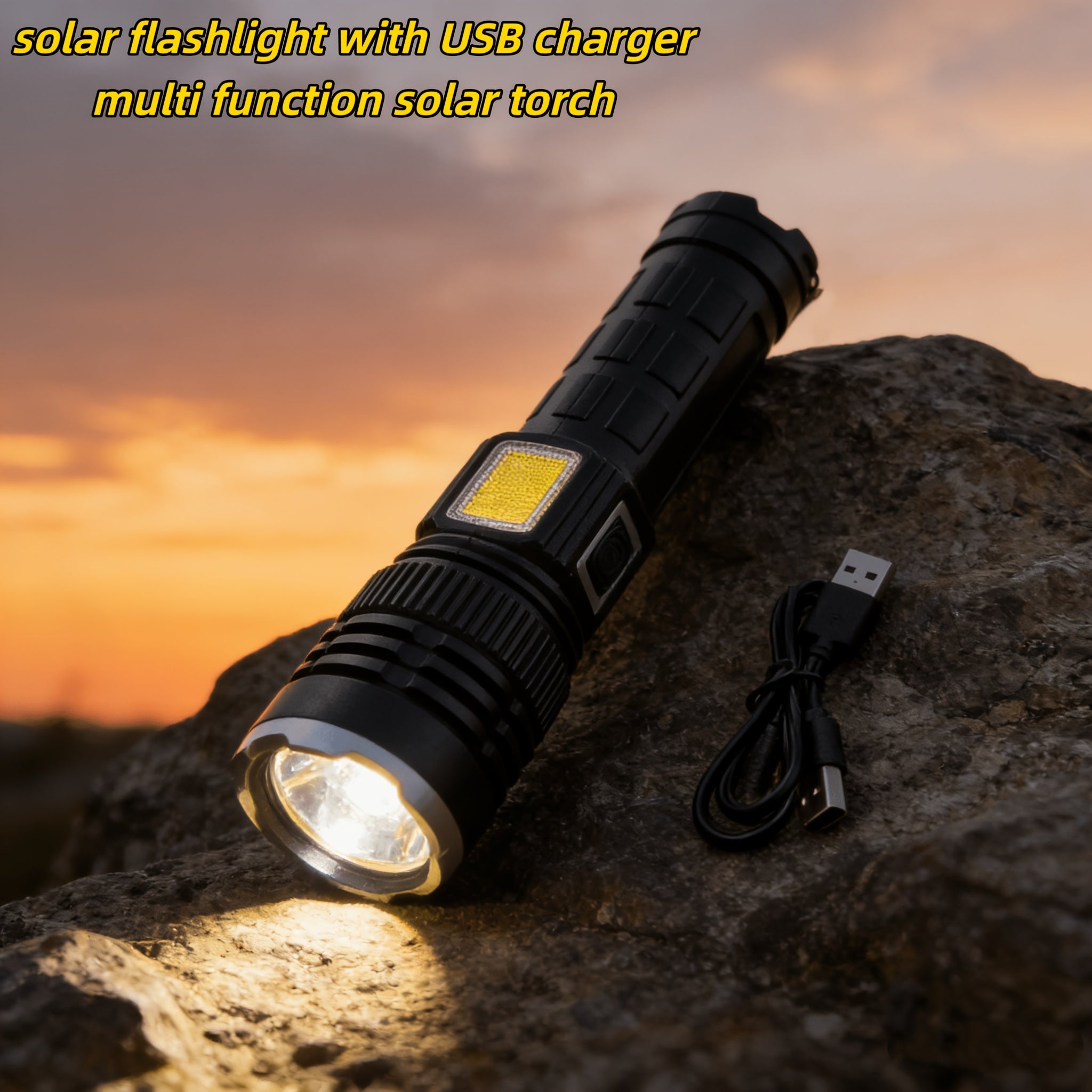 Solar Charging LED Flashlight High Lumen 2400mAh Battery COB Side Fill Light 9 Lighting Modes Zoomable & Beam Adjustable Non-Slip Grip Handheld Flashlight for Camping Mountaineering Home Daily Lighting