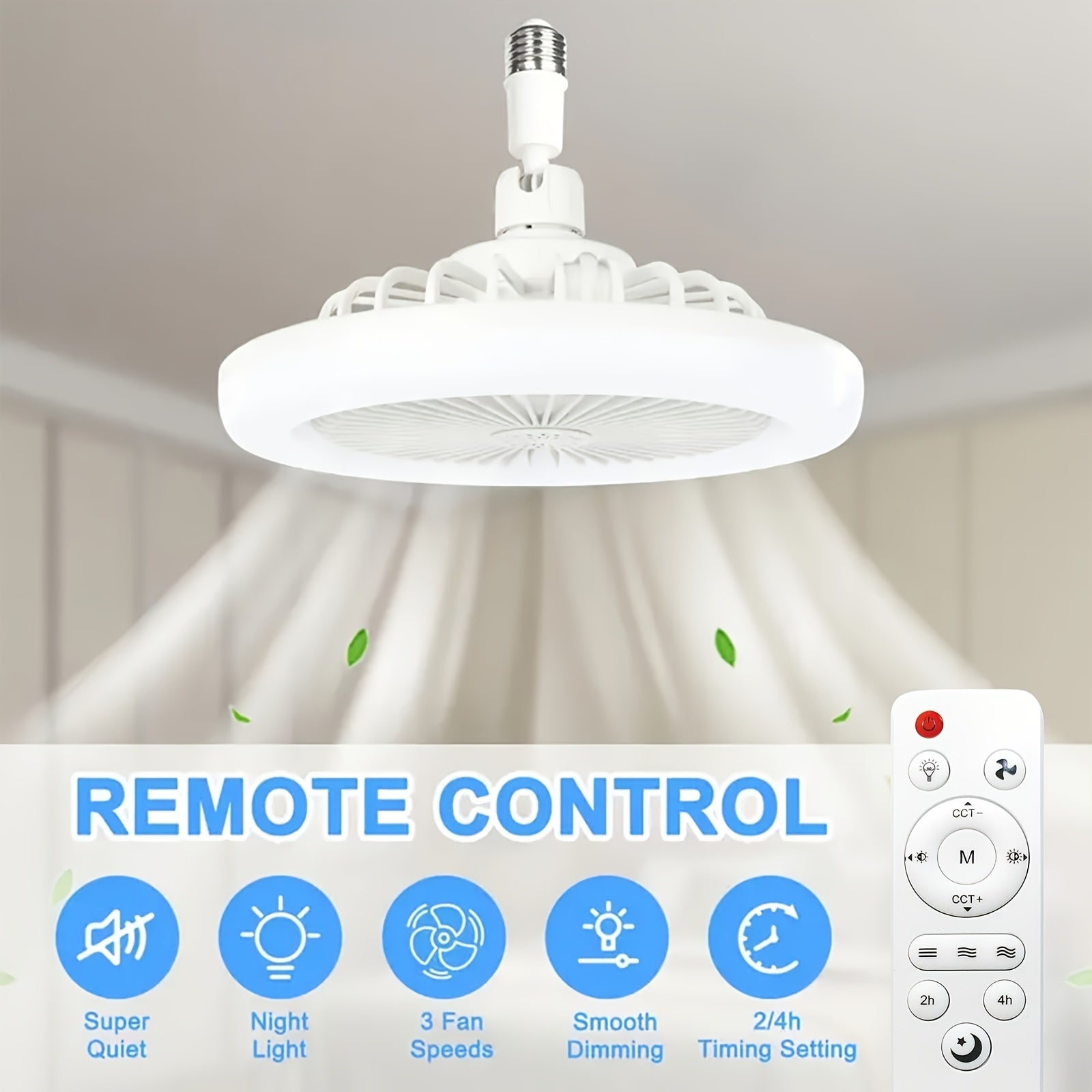 10 Inch 360° Rotatable Ceiling Fan Light with Remote, 3 Wind Speeds & 3 Light Colors, Memory Function, 2/4 Hours Timer, E27 Screw Base LED Fan Light, 4 Color Options for Bedroom Garage Kitchen Workshop