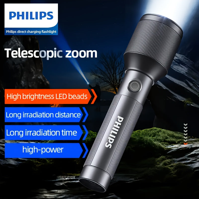 Philips High-Power Zoomable Direct-Charging Flashlight, High-Lumen Tactical Torch, 5 Modes: Strong Light/Weak Light/Strobe/SOS/Brightness Adjustment, Long-Lasting Battery, Ideal for Camping, Daily Use