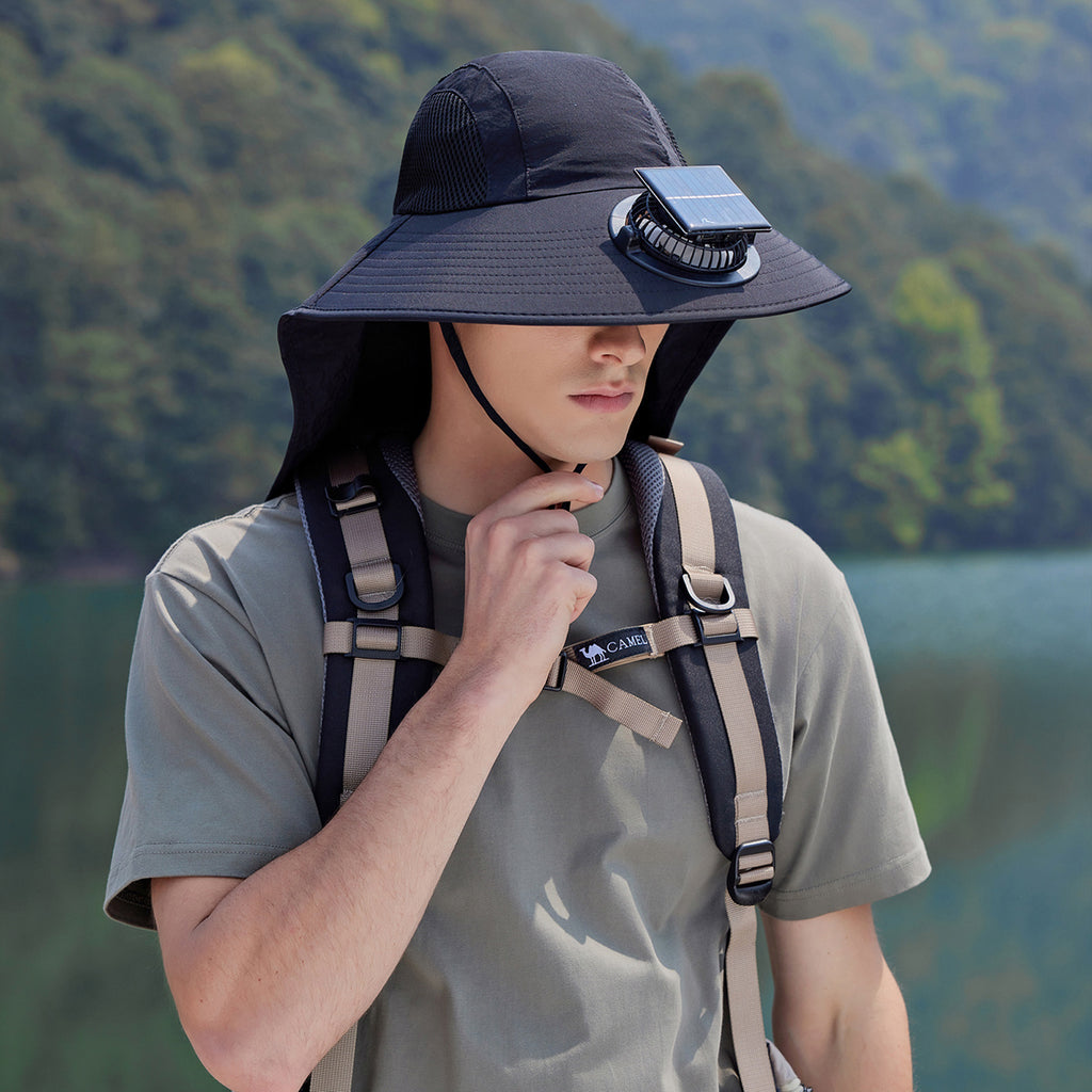 Men's Sun Hat with Solar Fan, Wide Brim Outdoor Boonie Hat, Lightweight African Safari Hat