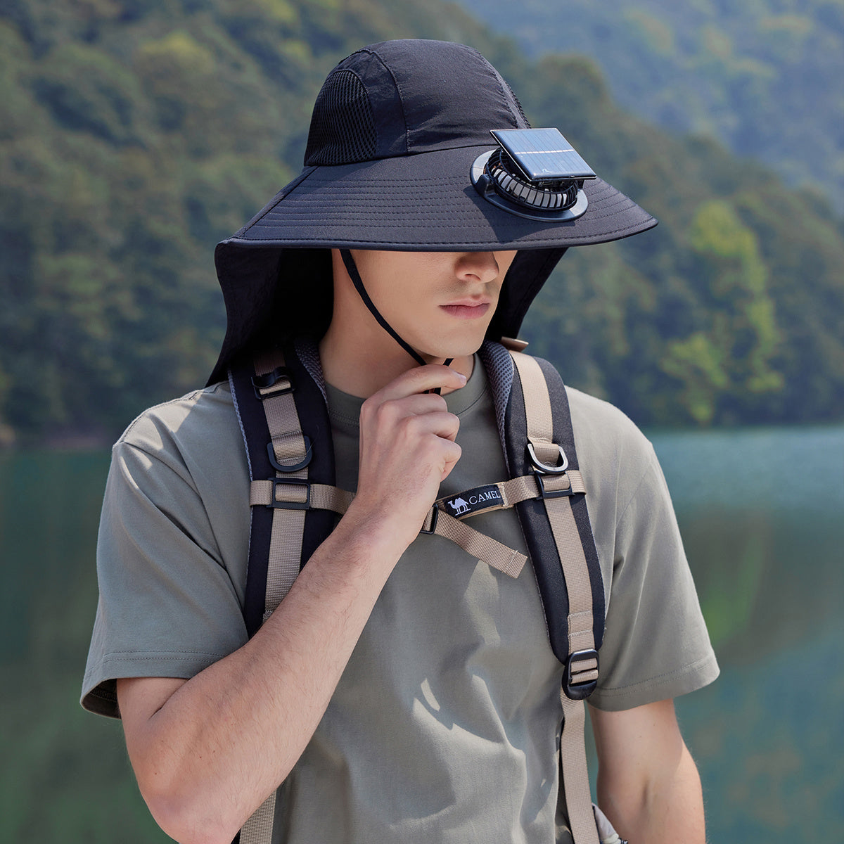 Men's Sun Hat with Solar Fan, Wide Brim Outdoor Boonie Hat, Lightweight African Safari Hat