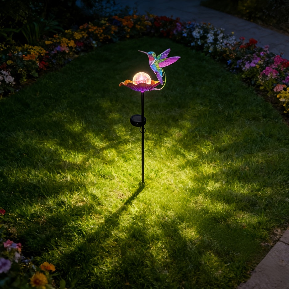 Hummingbird Glass Globe Flower Solar Outdoor Light, Beautiful Hummingbird Decorative Light, Fun Hummingbird Flower Glass Globe Light