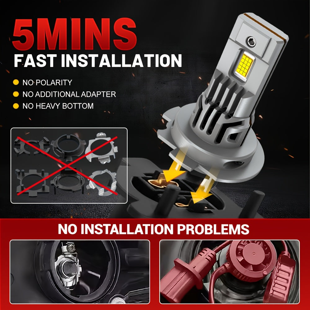 2-Pack H7 LED CANBUS Headlights 1:1 Mini Size with Cooling Fan Car Front Headlights 48000 Lumens Super Bright Wireless Turbo Fog Light Bulbs 6000K Car Light 12V