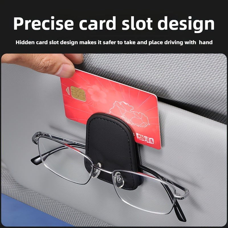 2-Piece Magnetic PU Leather Car Sun Visor Glasses Holder with Card Slot – One-Hand Operation Design, Driver Side Interior Accessory, Gray & Black, Simple Snap Closure, One-Click Grip