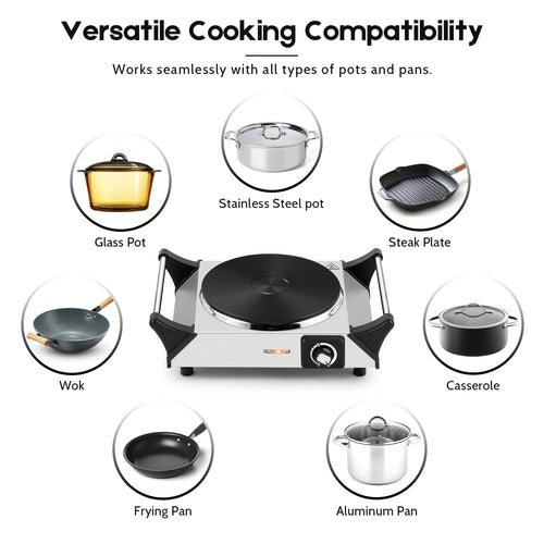 1500W Professional Infrared Heating Plate, 7.6-Inch Stainless Steel Burner with Adjustable Temperature Control, 35lb Weight Capacity, Ideal for Home, Office & Commercial Use.