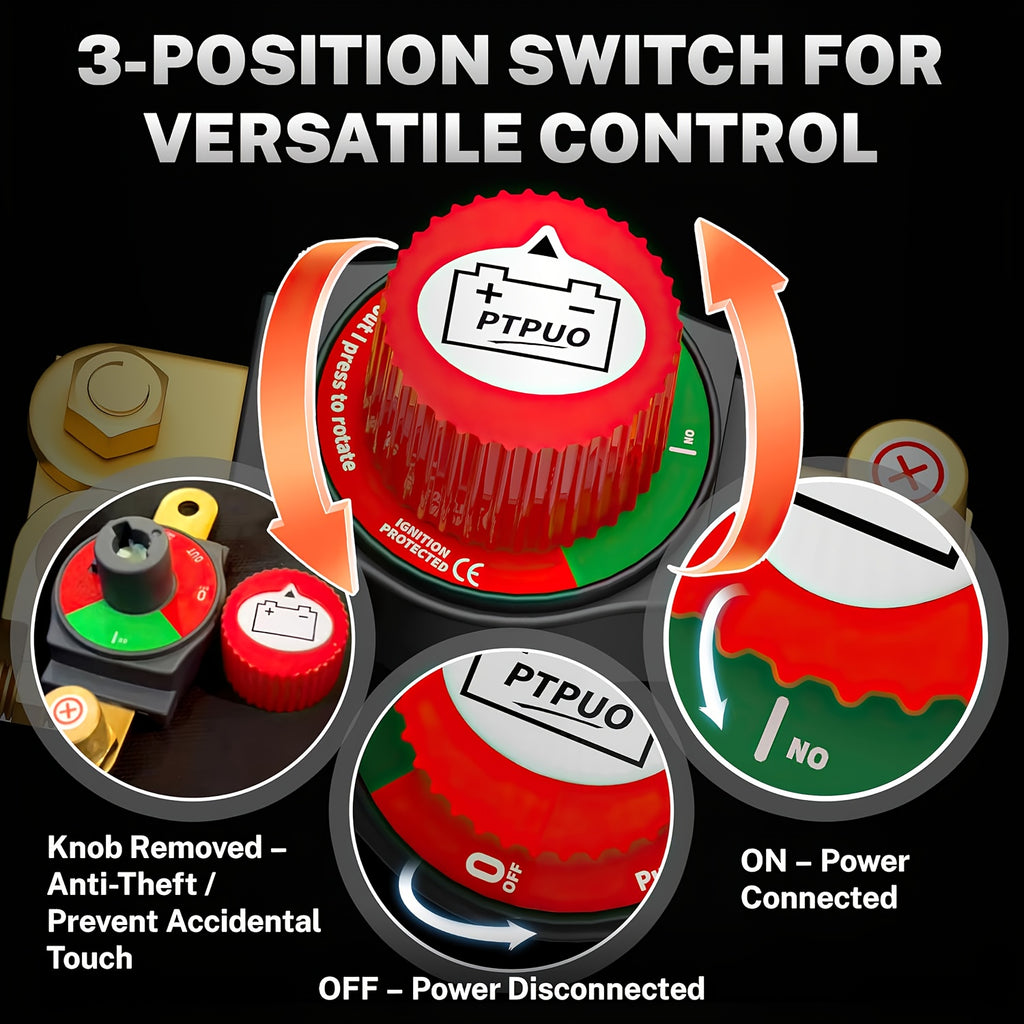 Battery Disconnect Switch – 12V Battery Cut-Off / Shut-Off Kit for Cars, RVs, Trucks, 4WD, Fits Positive Terminal with Flexible Mounting