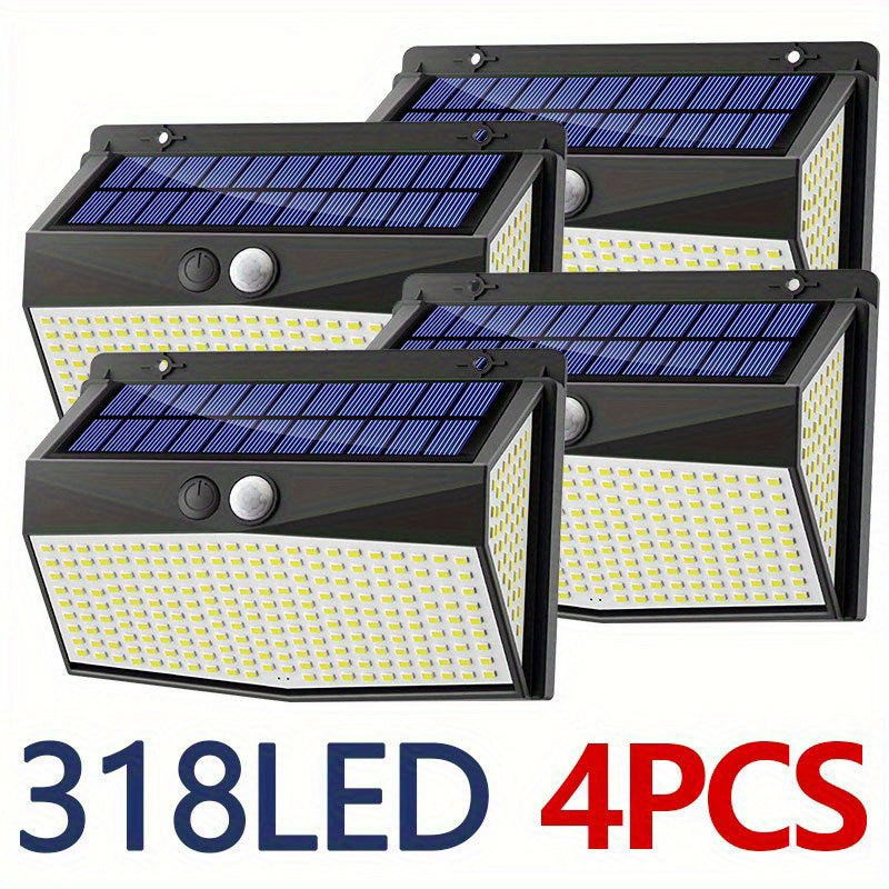 Outdoor Courtyard IP65 Exterior Wall Light, 318 LED Solar Motion Sensor Wall Light (3-Level Function) Security Solar Floodlight Suitable for Outdoor Fence Wall