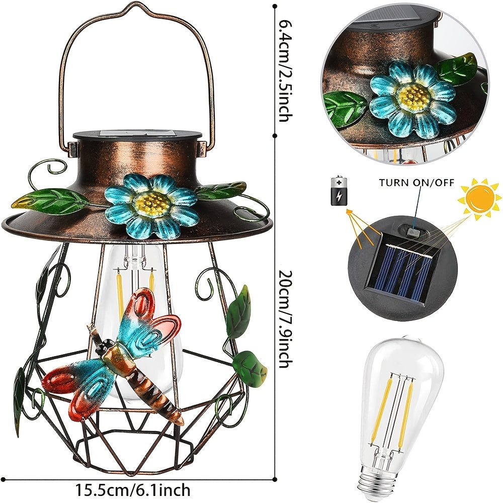Elegant Outdoor Solar Hanging Light, Iron Solar Light with Dragonfly and Flower Decoration, Beautiful Garden Courtyard Patio Walkway Decorative Lighting, Outdoor Solar Light