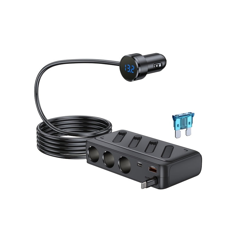 6-in-1 Retractable  Charger with 39.37-inch Retractable Cable, Multi-Function  Charger, 12V/24V, Type-C and QC3.0, USB PD Charging Ports, Independent Switch, LED Voltage Display
