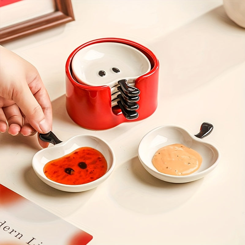 4pcs Ceramic Apple Dish with Collector, Cute Apple Snack Plate, High-Appeal Exquisite Hot Pot Dip Dish, Perfect for Home Decor, Kitchen Sauce Dish, Living Room Coffee Table Snack Plate, Gift Idea
