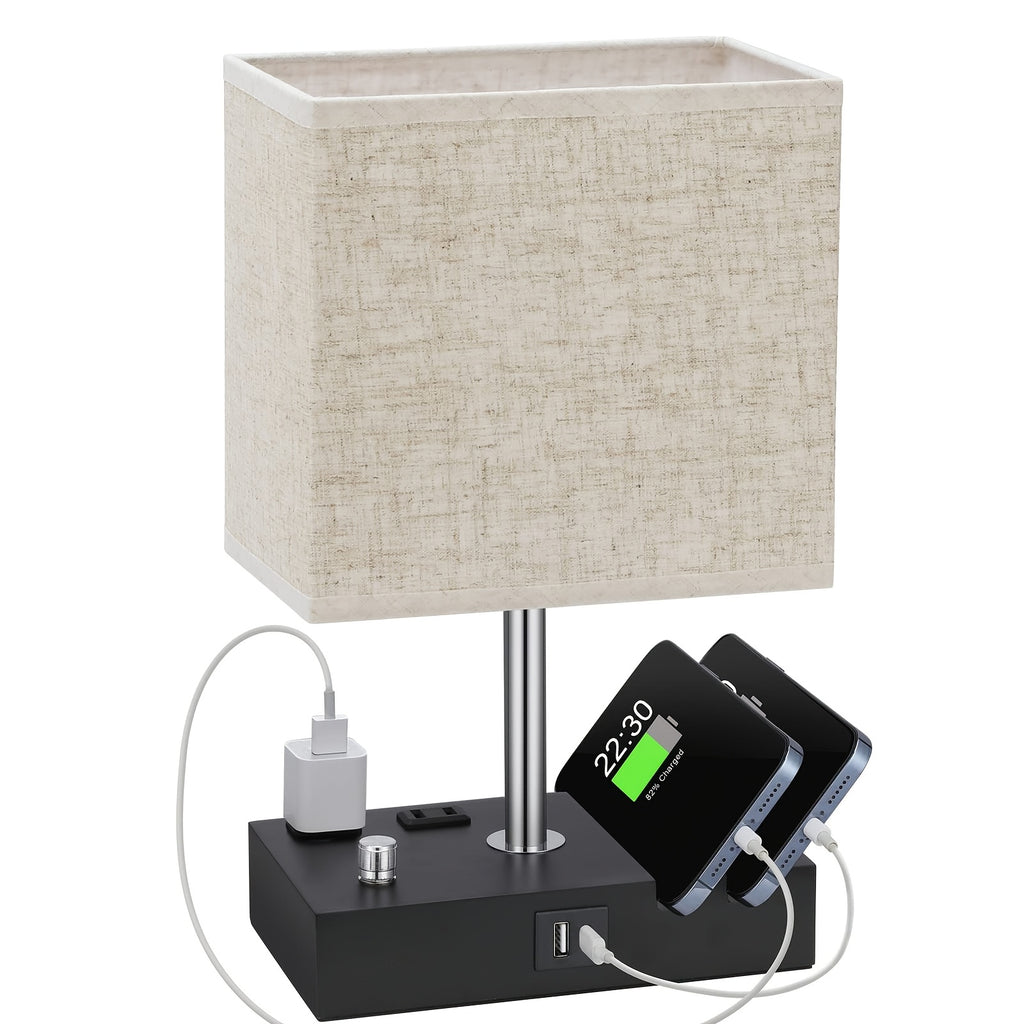 Bedroom table lamp, with dual USB ports, dimmable bedside lamp, with phone stand and 2 charging outlets, table lamp for nightstand and living room, LED bulb included