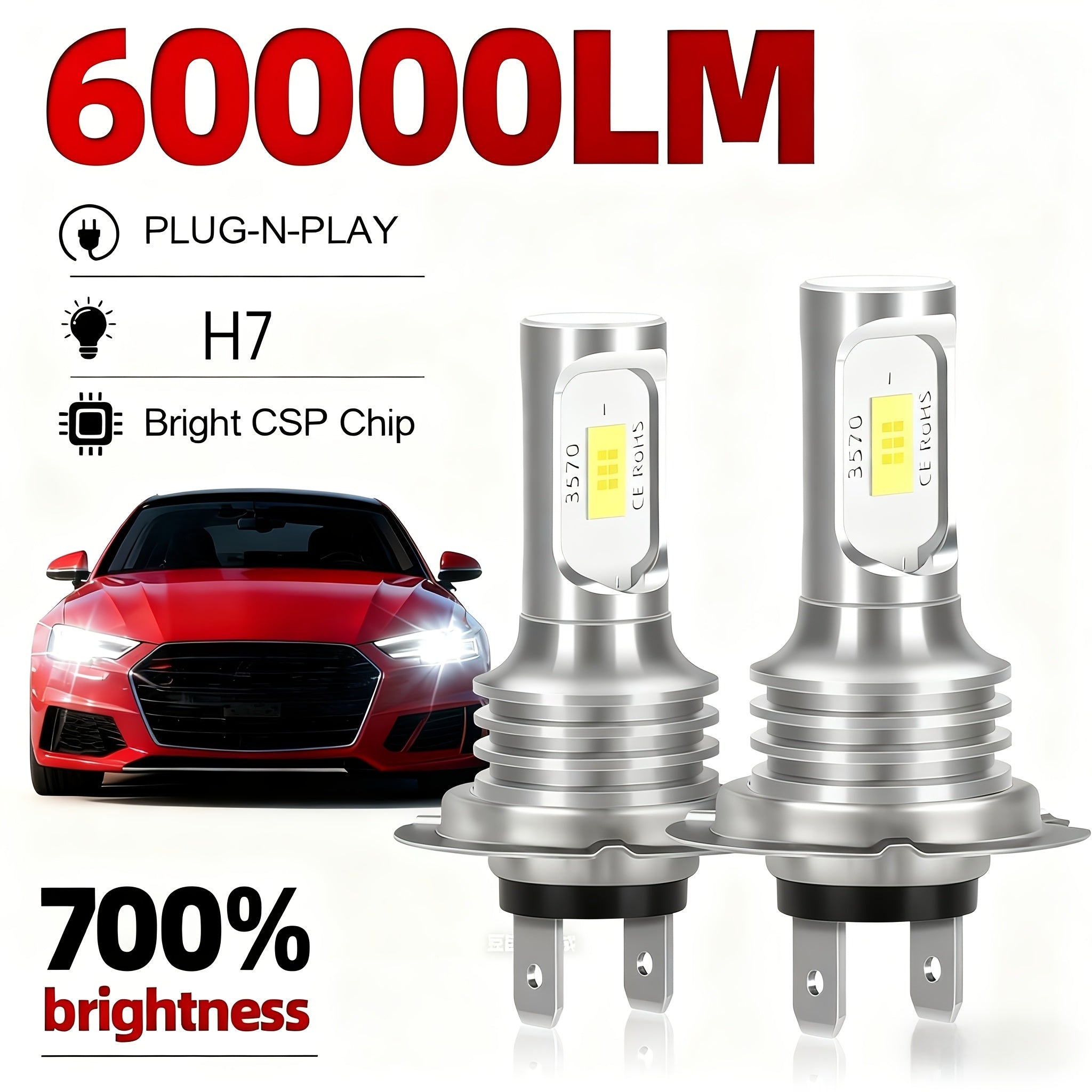 2个装 H7 LED 大灯灯泡 Hi/Lo 照明模式
