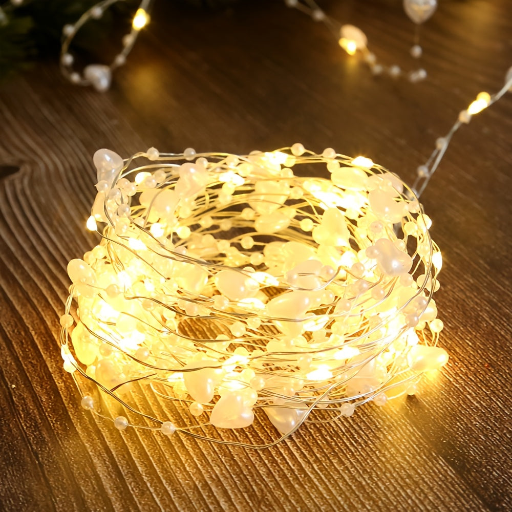 1PC 珍珠装饰灯串铜线灯 彩灯串，白色珍珠，暖白色灯光20LEDD/50LED ，电池盒不含电池，仙女灯，卧室婚礼求婚布置装饰灯