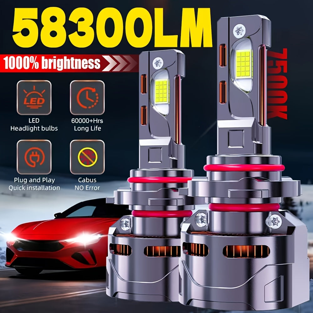 2pcs H4/9003 H7/H18 60000 Hours Ultra-Long Lifespan 58300LM LED Super Bright Front Bulbs 7500K 9006 9012/HIR2 Improves Night Driving Safety, 1000% Brightness Increase, External Driver