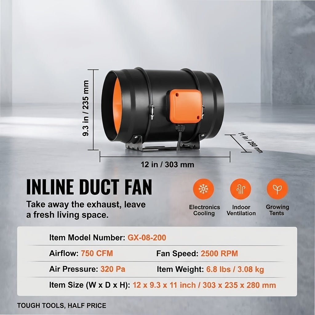 8 Inch 750 CFM Inline Axial Duct Fan, Quiet AC Motor Ventilation Exhaust Fan with Variable Speed Controller, Premium Choice for Grow Tent, Hydroponics, Cooling & Boosting