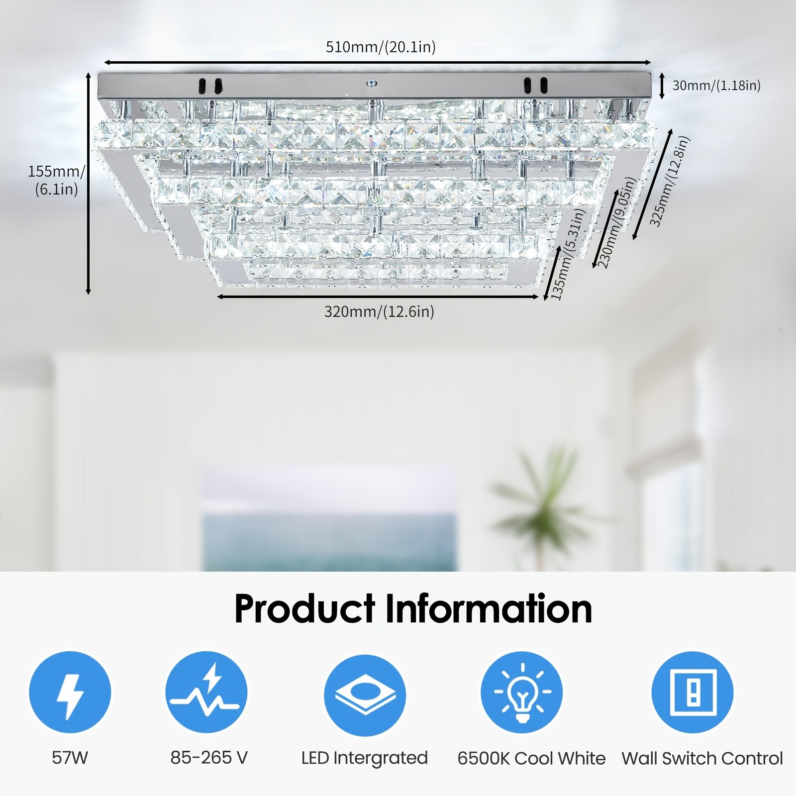 Modern Crystal LED Ceiling Light 20-Inch Rectangular Recessed Pendant Light Stainless Steel 3-Layer Ceiling Light Suitable for Living Room and Dining Room (6500K Cool White Light)