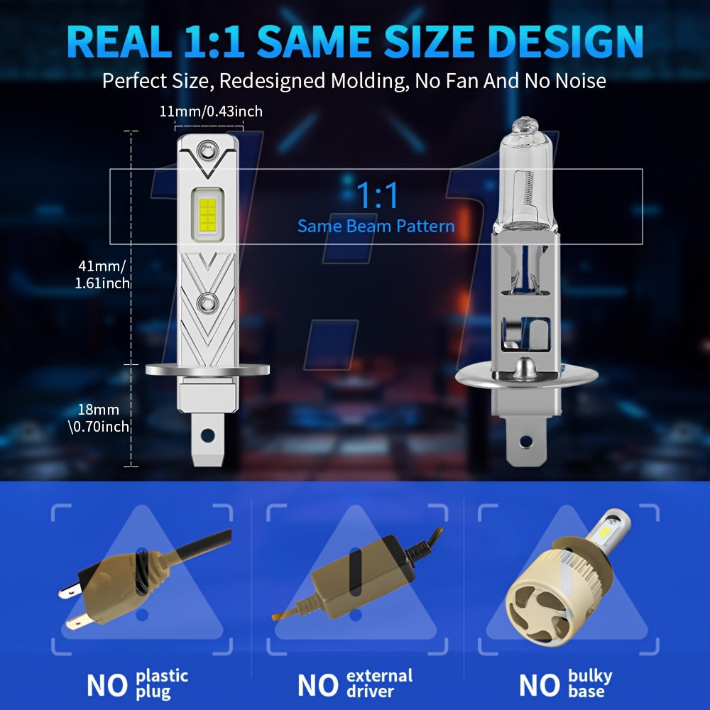 2Pcs 20000LM 100W H1 LED Bulb 6500K White Headlight CSP 7035 Chip Mini Size Design Wireless Fog Light Fanless Vehicle LED Plug-and-Play 12V
