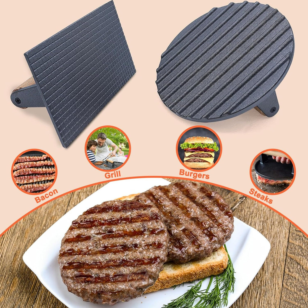Cast Iron Meat Press Plate, Rectangular Round Striped Grid Grill Press for Steak and Barbecue, Uncoated with Beech Wood Handle