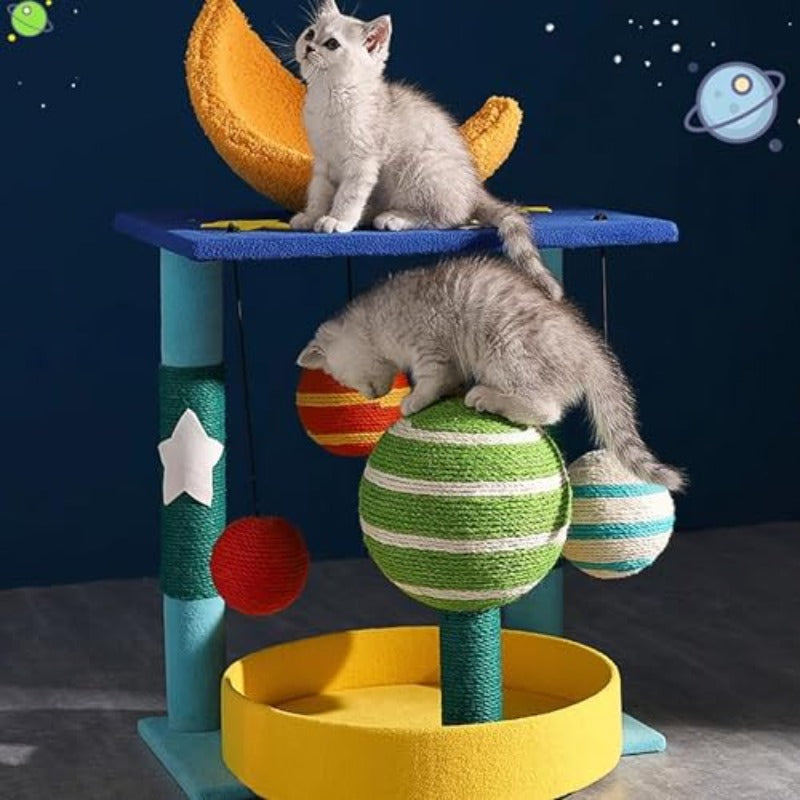 星空猫爬架塔 多层猫咪家具 含太空舱猫窝与猫屋组合 耐用猫抓柱 适用于室内猫咪 35英寸