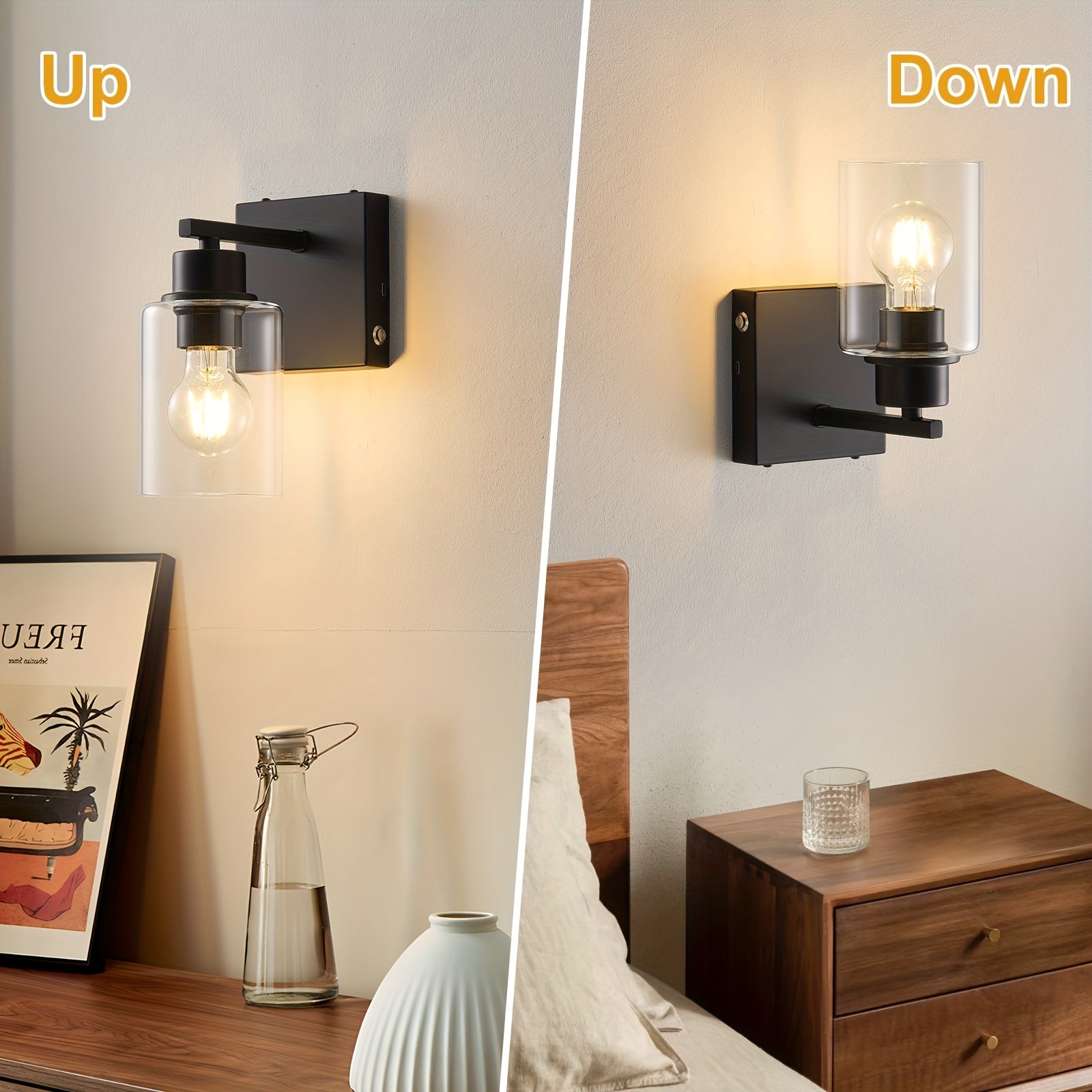 Battery Operated Wall Light Set 2/1, Rechargeable, Dimmable, Remote Control, Touch Control, USB-C Charging, Suitable for Living Room, Bedroom Black (Bulbs Included)