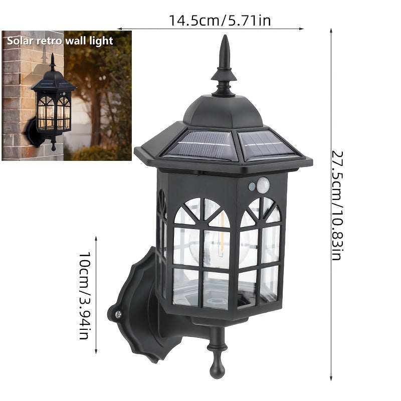 1-Pack Solar Outdoor Wall Light, Vintage European Medieval Style, Silicon Solar Panel, 1200mAh Lithium Battery, Motion Human Body Induction, 3 Modes, Semi-Flush Mount (Removable), Plastic Lampshade, Automatic Lighting