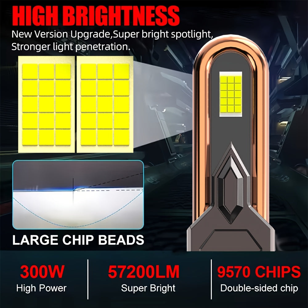 2pcs LED Car LED Headlight Bulbs, 7500K, 950% Brightness, 57200LM, Plug-and-Play, 300W, 9H1, H4, 9003, HB2, H7, H18, H8, H9, H11, H16, 9005, HB3, 9006, HB4, 9012, HIR2, Aluminum, 12-24V, 9570 CSP CHIP, No Battery Included