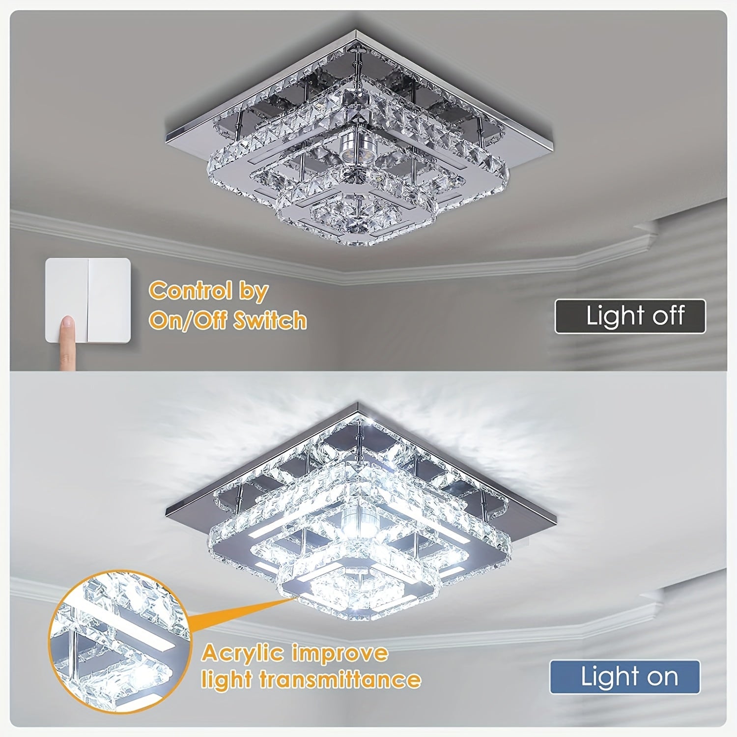 12-Inch Crystal Chandelier Wall Mount Ceiling Light Square Modern LED Pendant Light Kitchen Hallway Bedroom Ceiling Light Cool White Light