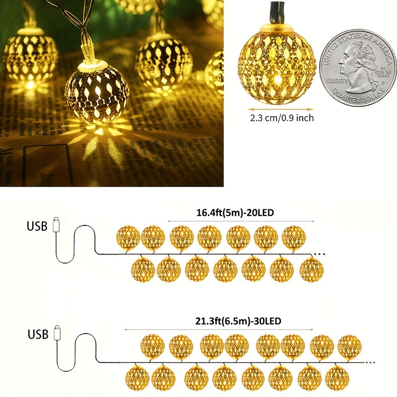 USB摩洛哥球串灯 - 30/20 LED灯珠，金属球形仙女灯，8种灯光模式，适用于万圣节、感恩节、新年、圣诞节、情人节户外节日照明，多彩花园装饰，户外庭院灯条