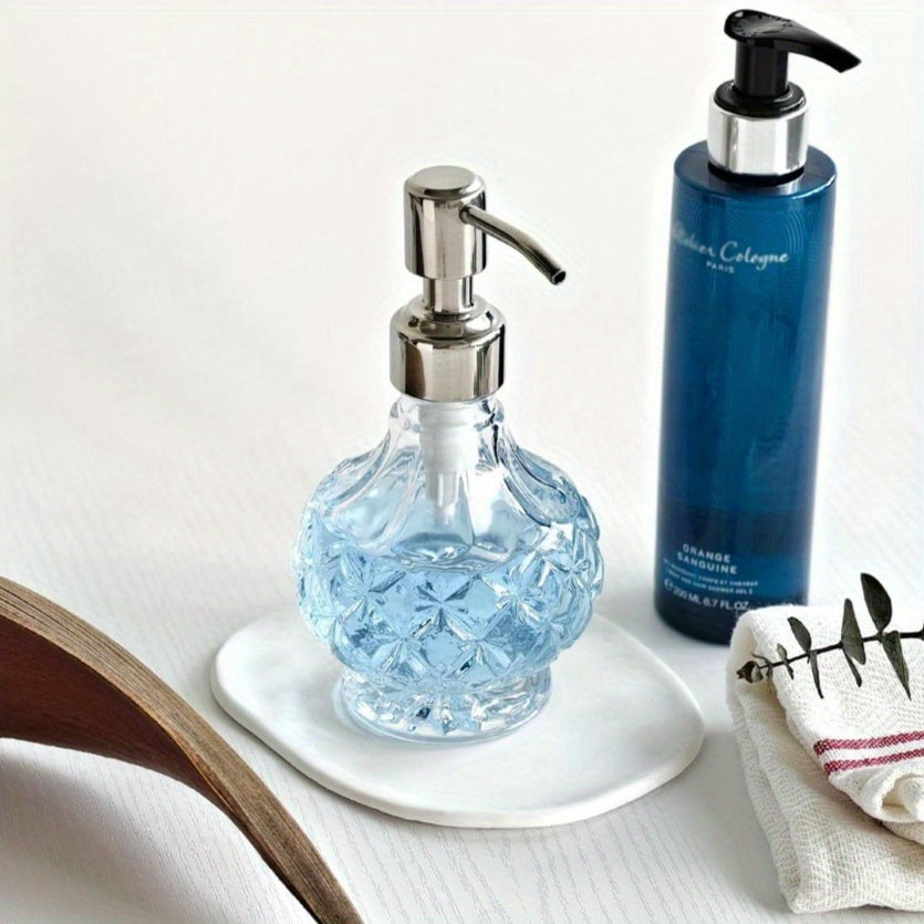 Glass Soap Dispenser with Pump - Clear Crystal Design, Vintage Elegance, Refillable Hand Soap Bottle for Bathroom Countertop & Kitchen Sink, 200ml/6.76oz