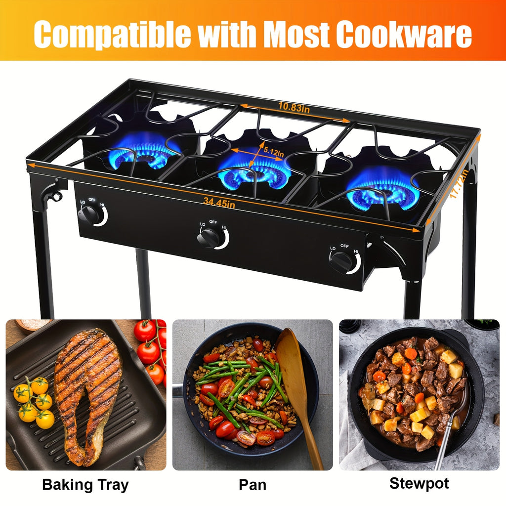 Outdoor Stove, 3-Burner, High-Pressure Propane Gas Camping Stove with Detachable Legs, Ideal for Camping & Patio, 225,000 BTU