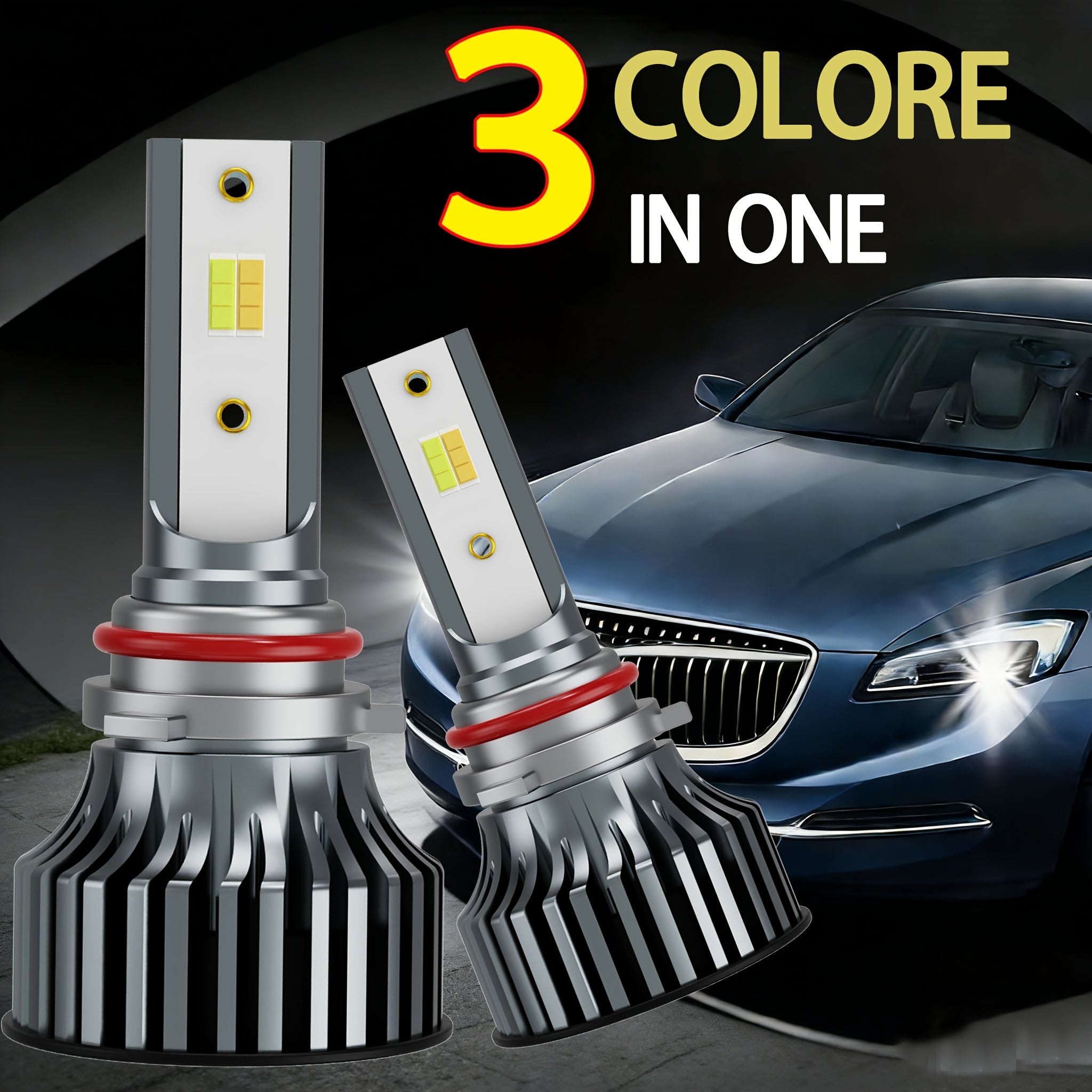 Tri-Color Car LED Headlight Kit, 2-Pack, H1 H4 H7 H11 9005 9012, 60000LM, Super Bright Fog Light Bulbs, Universal Compatibility, No Battery Included