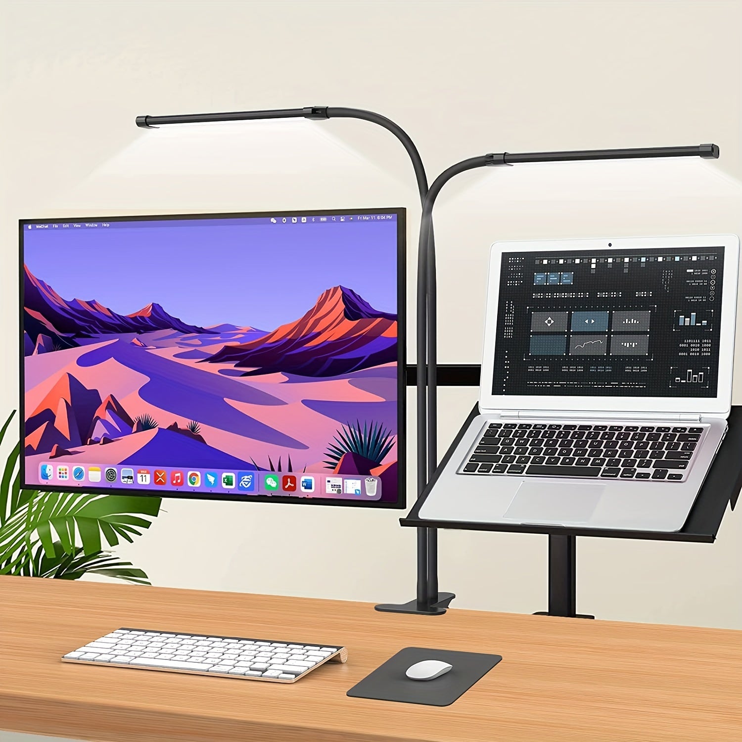 1 modern LED desk lamp, with 2 LED tubes, clip-on design, 3 color modes, 10 brightness levels, dimmable, flexible gooseneck, USB powered, switch control, plastic material, suitable for home office reading and task lighting