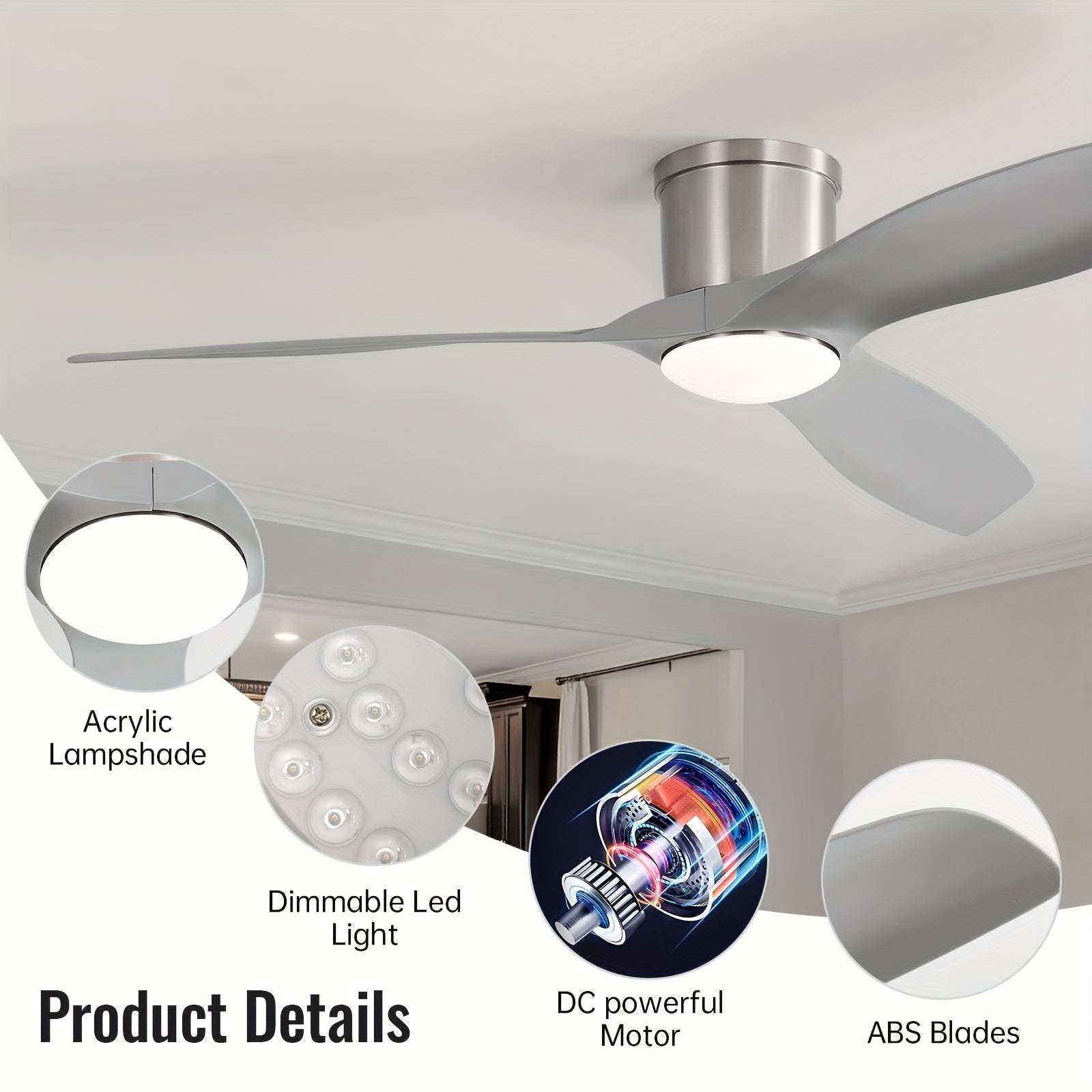 Sofucor New 52" Silver Elegant Smart Ceiling Fan, 18W Light, 3 ABS Blades, White Shade, Ultra Quiet 6-Speed DC Motor, Energy Saving LED, for All Environments