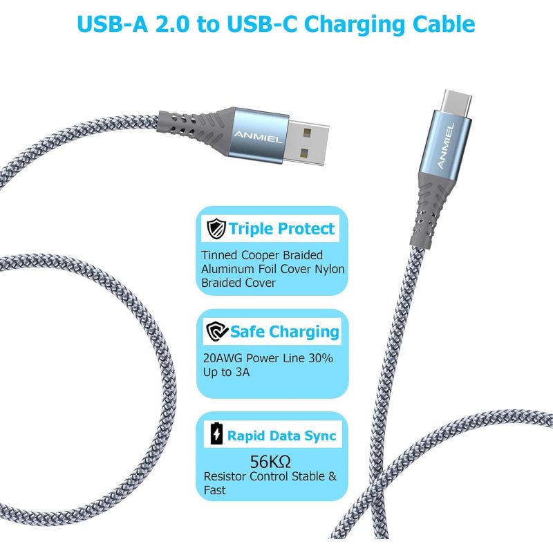 USB-C数据线，3条装[10英尺/3.3米/6.6英尺] 3A充电线，Type-C充电器数据线，尼龙编织USB-A转USB-C线，适用于三星Galaxy S10/S9/Note10/9/8、LG V20/G6