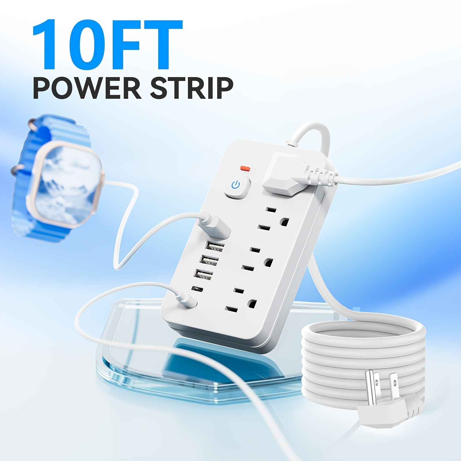 1 Unit of a 10-In-1 Versatile Power Strip Featuring 4 AC Sockets And 6 USB Ports, Available in 5FT Or 10FT Cord Lengths. Its Compact Design Includes Surge Protection And Can Be Mounted on Walls, Making It a Must-Have for Home, Office, Dormitory